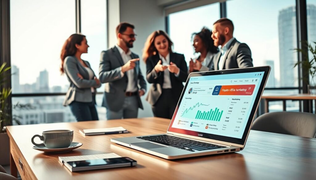 A vibrant and inviting scene depicting a modern office workspace illustrating the concept of affiliate marketing. In the foreground, a sleek laptop is open, showing a visually appealing dashboard of an affiliate marketing platform, featuring graphs and earnings. Beside it, an organized desk with a notepad, coffee cup, and a smartphone displaying notifications. In the middle ground, a diverse group of three professionals in smart casual attire are engaged in a discussion, pointing at the laptop screen with enthusiasm, conveying collaboration and success. The background features large windows with natural light streaming in, showcasing a cityscape that adds to the atmosphere of opportunity and growth. The overall mood is motivational and dynamic, emphasizing the potential for high commissions in affiliate marketing.