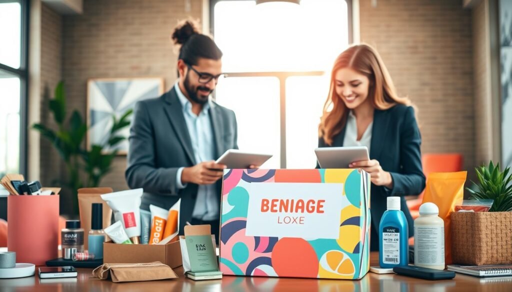 A vibrant and modern workspace featuring a stylish subscription box prominently displayed in the foreground. The box is colorful and aesthetically pleasing, surrounded by various products that hint at its content—such as beauty items, snacks, and tech gadgets. In the middle ground, two professionals in business attire are collaborating, analyzing data on tablets and discussing competitive pricing strategies. Their expressions are focused and engaged, conveying a sense of teamwork and innovation. In the background, a large window lets in soft, natural light that creates an inviting atmosphere. The scene is well-composed with a warm color palette to evoke a sense of optimism and creativity in the business world.