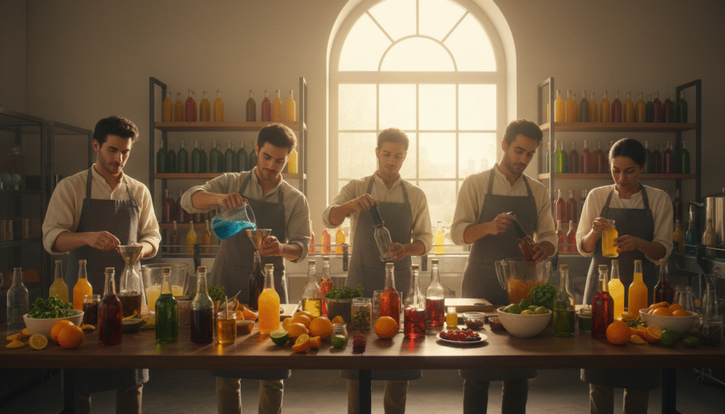 A vibrant beverage production scene showcasing the process of creating delicious bottled drinks. In the foreground, a clean and well-organized workstation featuring glass bottles, fresh fruits, and colorful ingredients displayed on a rustic wooden table. In the middle, skilled professionals in modest casual clothing are actively engaged in pouring, blending, and labeling the drinks, with focused expressions on their faces. The background reveals shelves stocked with finished bottles and a large window letting in warm, natural light, illuminating the workspace. The atmosphere is lively and inviting, emphasizing teamwork and creativity in drink production. The angle captures both the details of the workstation and the dynamic interaction among the team members, creating an engaging and inspiring visual.