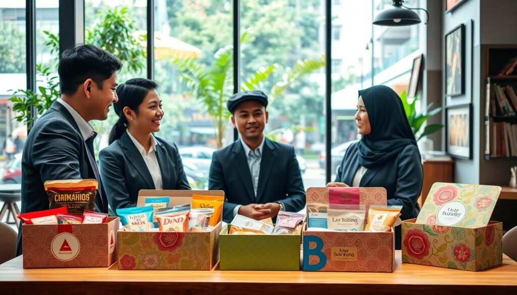 A vibrant scene depicting the concept of subscription boxes in Indonesia. In the foreground, a diverse group of three individuals, dressed in professional business attire, engages in a discussion around colorful subscription boxes filled with local products like snacks, crafts, and lifestyle items. In the middle ground, a modern cafe setting can be seen with lush greenery visible through large windows, creating an inviting atmosphere. The background features a bustling urban environment, showcasing elements of Indonesian culture, like traditional textiles and artwork. Soft, warm lighting enhances the cozy mood, while the composition is shot from a slightly elevated angle to capture the convivial interaction among the individuals. The overall ambiance reflects innovation and community around the subscription box model.