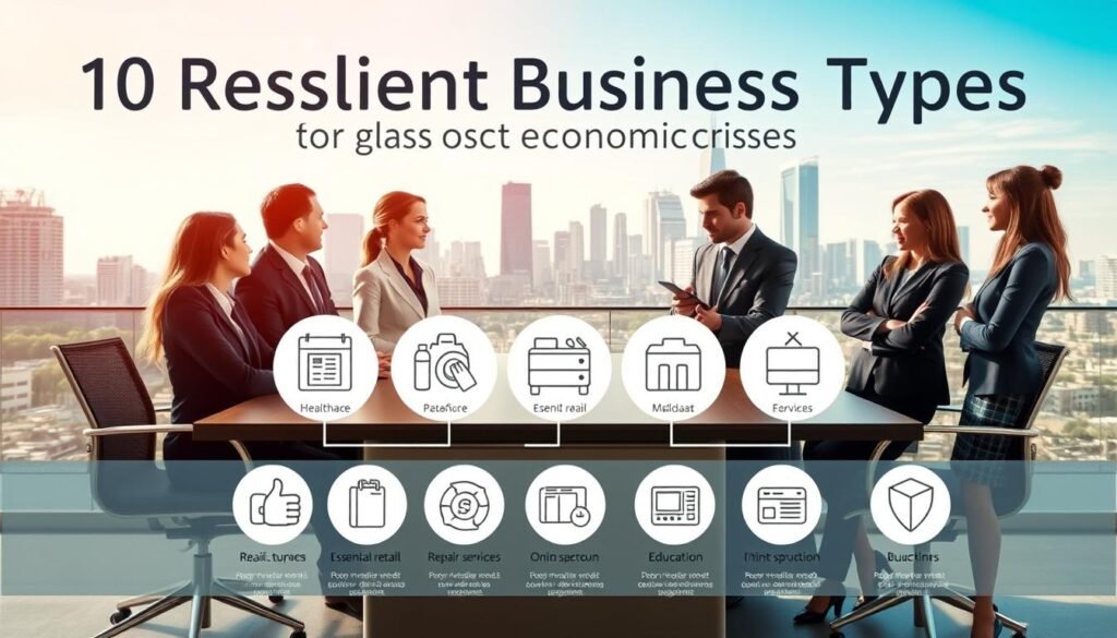 A visually engaging infographic showcasing "10 Resilient Business Types During Economic Crises." In the foreground, include a diverse group of professionals in smart business attire, discussing strategies around a sleek conference table. In the middle ground, display various icons representing these resilient businesses, such as healthcare, essential retail, repair services, and online education, each illustrated with clarity and color. The background features a modern urban skyline under a clear blue sky, symbolizing stability and growth. Use bright, warm lighting to create an optimistic atmosphere, and incorporate subtle gradients to enhance depth. Capture the scene from a slightly elevated angle for a comprehensive view of both the professionals and the business icons, evoking a sense of collaboration and innovation.