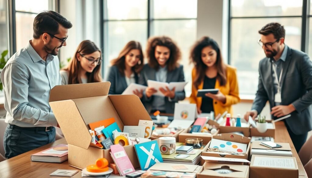A visually engaging scene depicting the benefits of subscription businesses, featuring a diverse group of professionals in modern office attire, gathered around a large table filled with subscription boxes showcasing various products. The foreground includes a close-up of a box being opened, with colorful items spilling out, highlighting the excitement of discovery. In the middle ground, the professionals are discussing and taking notes, their expressions reflecting enthusiasm and collaboration. The background shows large windows with natural light streaming in, enhancing the bright and optimistic atmosphere. The image captures a sense of innovation and business growth, with a warm color palette to evoke positivity and opportunity. Use a shallow depth of field to focus on the foreground while softly blurring the background.