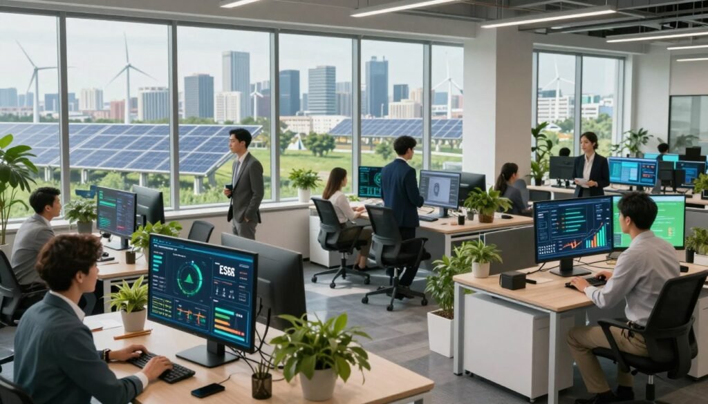A modern office environment showcasing cutting-edge technology as a catalyst for accelerating ESG programs. In the foreground, a diverse group of professionals in smart business attire collaboratively interact with futuristic digital screens displaying data visualizations of sustainability metrics and energy efficiency. In the middle ground, sleek, eco-friendly office furniture and greenery enhance the workspace, symbolizing harmony between technology and nature. The background features large windows with a panoramic view of a city skyline adorned with renewable energy installations, such as solar panels and wind turbines. Soft, natural lighting floods the scene, creating an inspiring and optimistic atmosphere, suggesting a forward-thinking approach to sustainable business practices. The composition evokes innovation and collaboration in the pursuit of a sustainable future. A modern office environment showcasing cutting-edge technology as a catalyst for accelerating ESG programs. In the foreground, a diverse group of professionals in smart business attire collaboratively interact with futuristic digital screens displaying data visualizations of sustainability metrics and energy efficiency. In the middle ground, sleek, eco-friendly office furniture and greenery enhance the workspace, symbolizing harmony between technology and nature. The background features large windows with a panoramic view of a city skyline adorned with renewable energy installations, such as solar panels and wind turbines. Soft, natural lighting floods the scene, creating an inspiring and optimistic atmosphere, suggesting a forward-thinking approach to sustainable business practices. The composition evokes innovation and collaboration in the pursuit of a sustainable future.