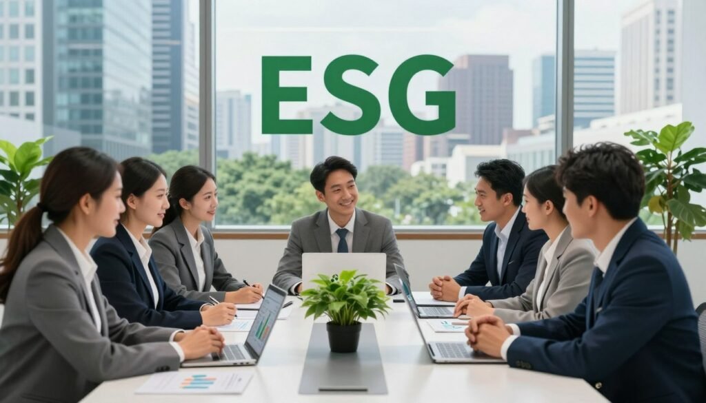 A modern office setting showcasing the practical benefits of implementing ESG (Environmental, Social, and Governance) principles in a business environment. In the foreground, a diverse group of professionals in business attire, including men and women of different ethnicities, engaged in a collaborative discussion around a sleek conference table, with a green plant centerpiece symbolizing sustainability. In the middle, large windows provide natural light, illuminating their charts and laptops displaying positive data trends. In the background, a city skyline can be seen, reflecting modern architecture and green spaces, conveying a vision of a sustainable urban future. The mood is optimistic and professional, emphasizing growth, innovation, and teamwork. The image should be bright and inviting, focusing on the theme of sustainable business practices. A modern office setting showcasing the practical benefits of implementing ESG (Environmental, Social, and Governance) principles in a business environment. In the foreground, a diverse group of professionals in business attire, including men and women of different ethnicities, engaged in a collaborative discussion around a sleek conference table, with a green plant centerpiece symbolizing sustainability. In the middle, large windows provide natural light, illuminating their charts and laptops displaying positive data trends. In the background, a city skyline can be seen, reflecting modern architecture and green spaces, conveying a vision of a sustainable urban future. The mood is optimistic and professional, emphasizing growth, innovation, and teamwork. The image should be bright and inviting, focusing on the theme of sustainable business practices.