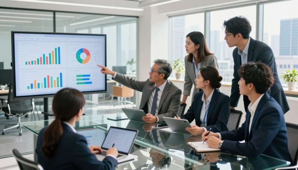 A modern office setting where a diverse group of professionals, dressed in smart business attire, engage in a collaborative decision-making process centered around data analysis. In the foreground, a large digital screen displays colorful graphs and charts, illustrating data insights. The professionals, two men and two women, are gathered around a sleek, glass conference table, discussing strategies. One individual points at the screen, while another takes notes on a tablet. The middle ground features a bright, airy workspace with contemporary furniture, while the background showcases city skyline views through large windows, enhanced by natural daylight streaming in. The mood is focused and dynamic, conveying a sense of teamwork and innovation. A modern office setting where a diverse group of professionals, dressed in smart business attire, engage in a collaborative decision-making process centered around data analysis. In the foreground, a large digital screen displays colorful graphs and charts, illustrating data insights. The professionals, two men and two women, are gathered around a sleek, glass conference table, discussing strategies. One individual points at the screen, while another takes notes on a tablet. The middle ground features a bright, airy workspace with contemporary furniture, while the background showcases city skyline views through large windows, enhanced by natural daylight streaming in. The mood is focused and dynamic, conveying a sense of teamwork and innovation.