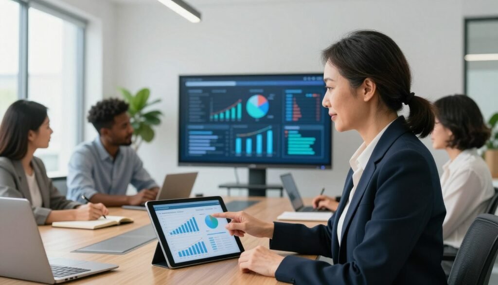 A modern office setting with a diverse group of professionals engaged in a brainstorming session. In the foreground, a middle-aged Asian woman in professional attire points at a digital tablet displaying graphs and data, symbolizing digital transformation initiatives. Beside her, a young Black man is taking notes while looking at a large screen in the middle of the room showcasing statistics related to business digitalization. In the background, minimalistic decor with plants and large windows allowing natural light to flood in, creating an optimistic atmosphere. The lighting is bright and focused, emphasizing collaboration and innovation. The overall mood conveys a sense of progress and determination toward enhancing digital strategies in business. A modern office setting with a diverse group of professionals engaged in a brainstorming session. In the foreground, a middle-aged Asian woman in professional attire points at a digital tablet displaying graphs and data, symbolizing digital transformation initiatives. Beside her, a young Black man is taking notes while looking at a large screen in the middle of the room showcasing statistics related to business digitalization. In the background, minimalistic decor with plants and large windows allowing natural light to flood in, creating an optimistic atmosphere. The lighting is bright and focused, emphasizing collaboration and innovation. The overall mood conveys a sense of progress and determination toward enhancing digital strategies in business.